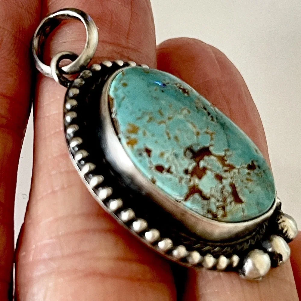 Navajo Natural Turquoise Pendant 1.75 in Signed A Oval Sterling Matte Patina‎